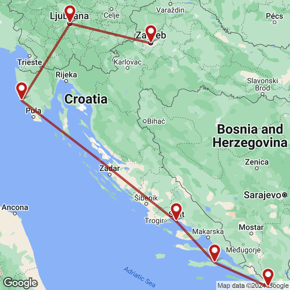 Route for Zagreb, Ljubljana, Rovinj, Split, Korcula, Dubrovnik tour